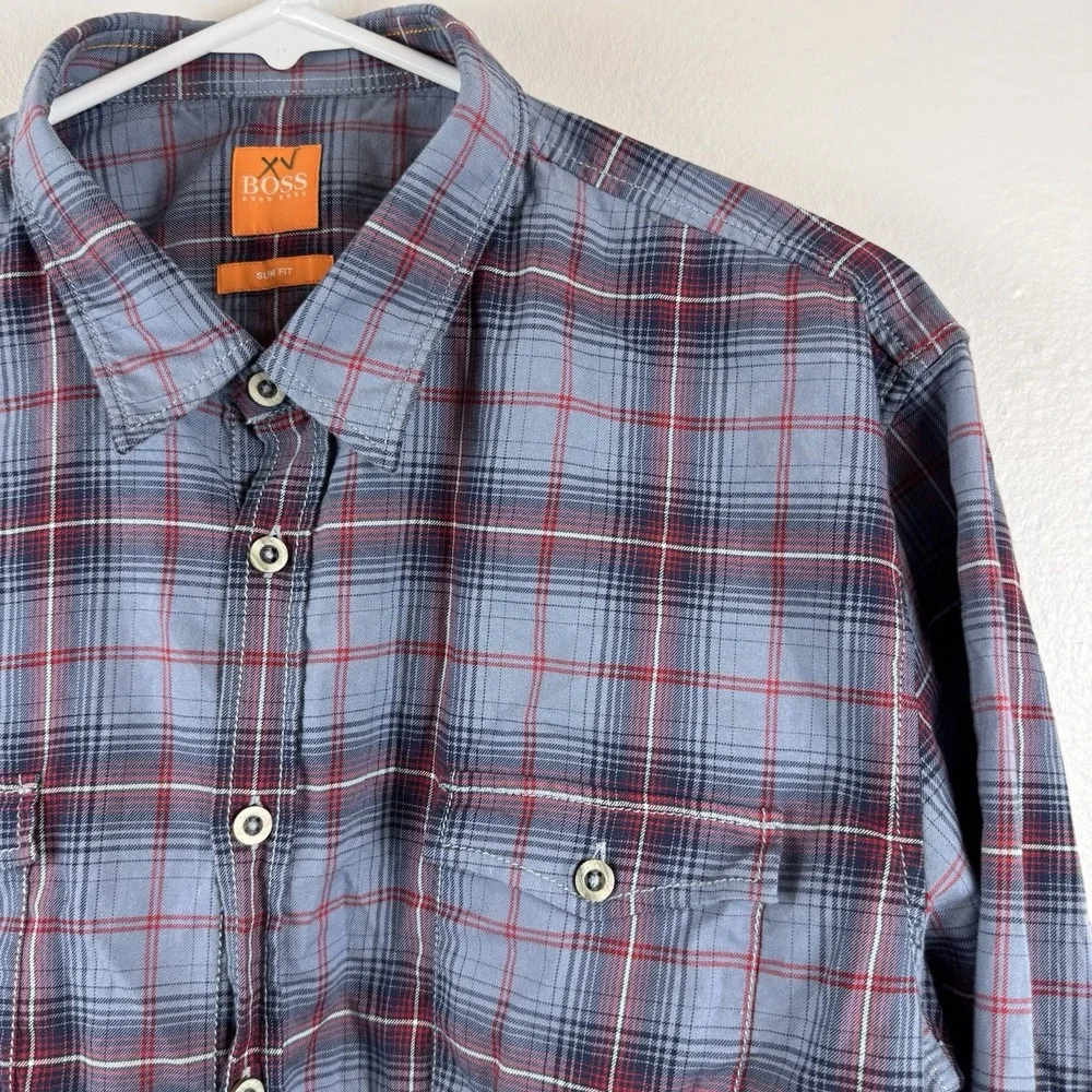 HUGO BOSS - Orange line - Mens long‎ sleeve button SLIM plaid shirt - L